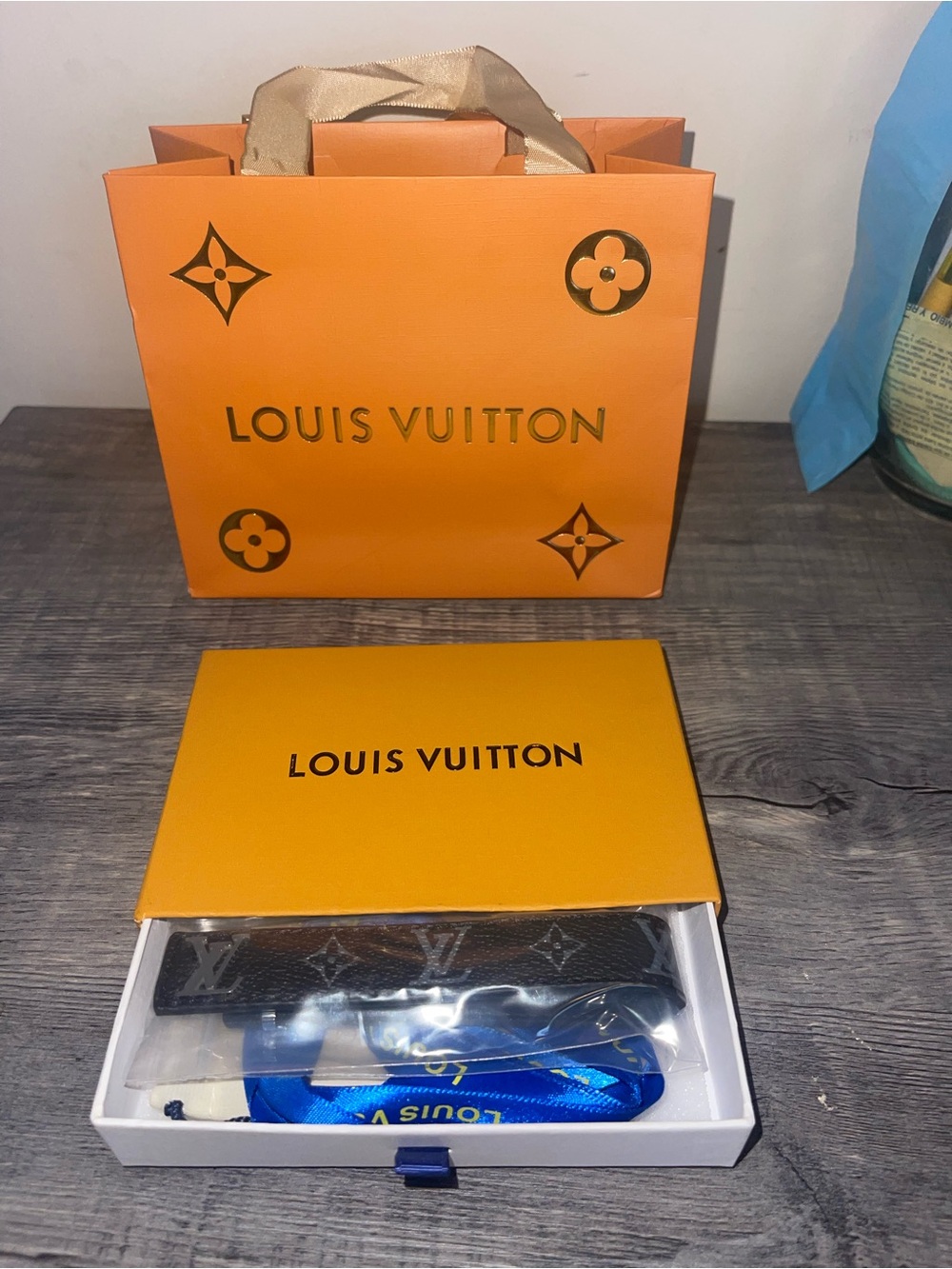 Louis Vuitton Brown Monogram Leather Men's Card Holder with Blue Ribbon